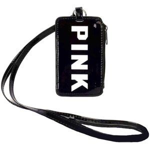 PINK Lanyard Zipper I.D. Wallet - JET BLACK